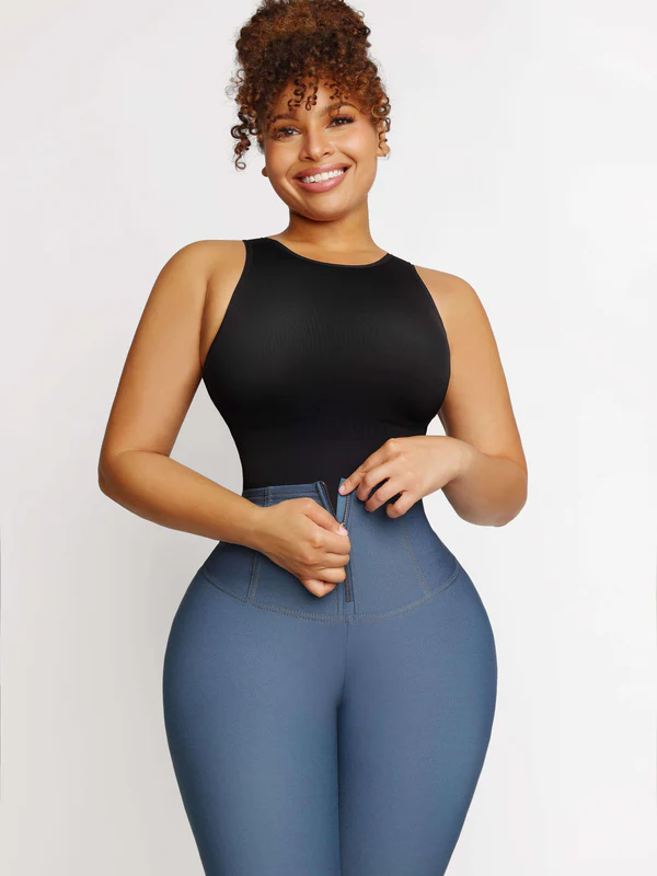 MT220180_1 Mid-rise Faux Denim Trousers Corset Waist
