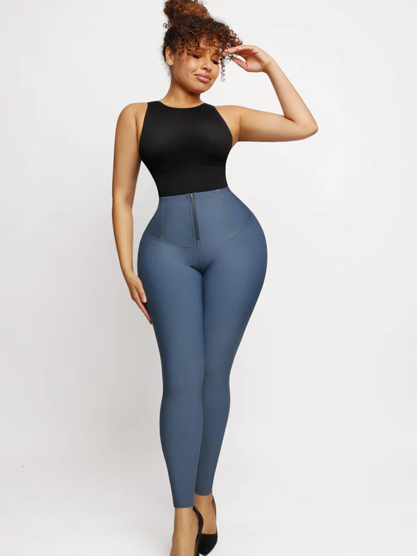 MT220180_2 Mid-rise Faux Denim Trousers Corset Waist
